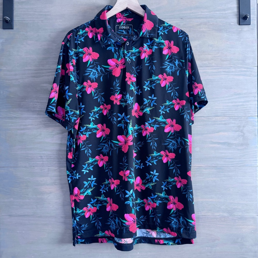 Sosik Golf Polo Size Large‎ Red Floral Hawaiian Performance